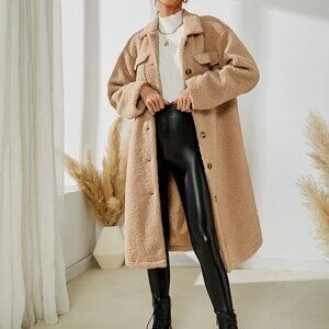 Khaki Casual Boho Drop Shoulder Flap Pocket Teddy Coat